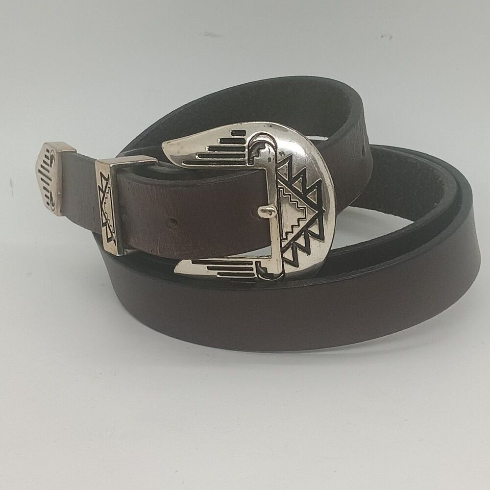 Vintage Leather Western Belt Silver Tone Brown Size 37-42 Southwestern